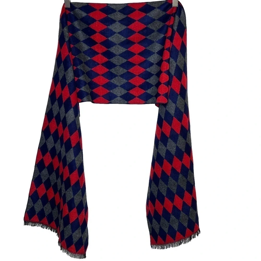 Men’s Red Blue Gray Diamond Print Cashmere Rectangle Long Scarf
